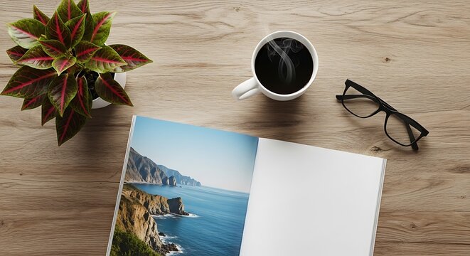 Overhead view of a wooden desk with an open magazine showing a coastal landscape, a steaming coffee cup, a plant, and eyeglasses - Powered by Adobe