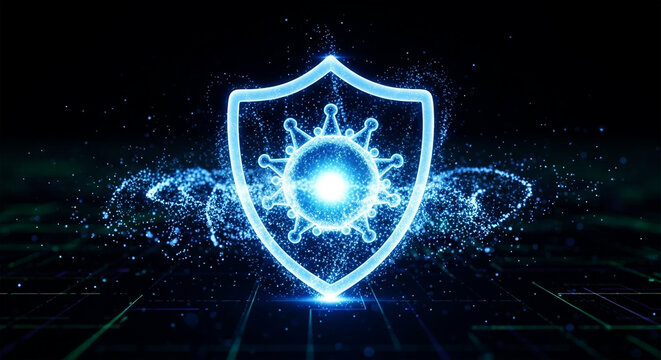 Glowing blue virus particle protected by shield surrounded by digital particles protection