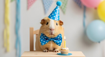 A cute guinea pig wears a party hat next to a birthday cupcake, a humorous concept perfect for celebrations, greeting cards, and pet fun