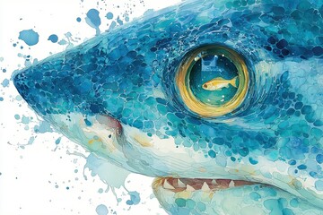A fish is reflected in the eyes of a watercolor shark