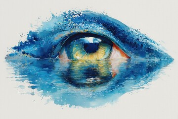 Watercolor human eye reflected in water