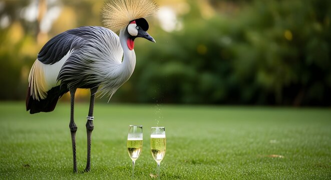 A grey crowned crane stands on a lawn near champagne glasses, an elegant concept representing luxury, nature, and sophisticated outdoor events