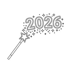 Magic wand with stars and the year 2026, isolated on white background