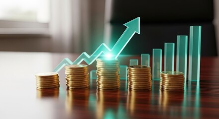 Rising arrow over stacked gold coins and bar graph on wooden desk depicting financial growth success and investment profit concept banking savings economy management wealth accumulation market gain