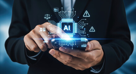 Businessman interacting with artificial intelligence chip on smartphone. AI technology integration in business operations and data analysis concept