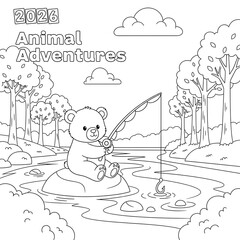 A bear is fishing in a river isolated on white background