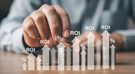 Close up hand stacking coins with increasing bar graph representing ROI Return On Investment and percentage signs indicating business growth on wooden table