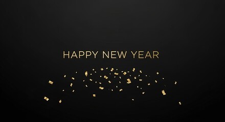 Happy New Year celebration with golden confetti on elegant black background greeting card design perfect for holiday events and seasonal promotions