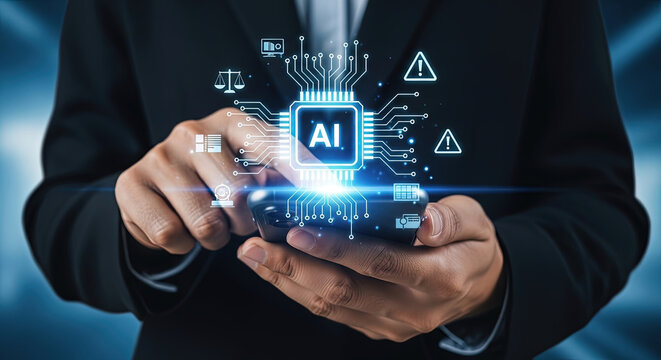 Businessman interacting with artificial intelligence chip on smartphone. AI technology integration in business operations and data analysis concept