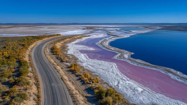 Wide aerial panorama capturing a brilliant pink salt lake with smooth blue water beside it, separated by a curving road under a cloudless azure sky