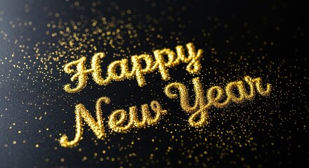 Happy New Year gold glitter text on black background sparkling dust celebration card holiday season greetings shiny typography banner