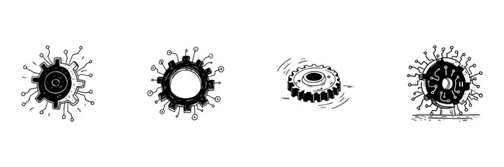 Gear And Circuit Doodle Sketch Set. Technology Integration And Mechanical Innovation In Hand Drawn Style Collection. Engineering And Digital Transformation. Hand Drawn Isolated Vector Illustration