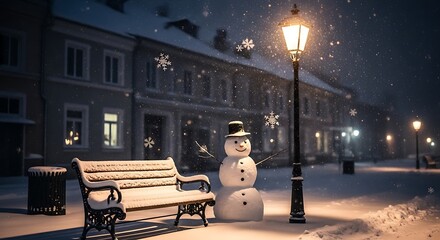 Snowman and snow covered bench under a glowing lamppost at night with falling snowflakes winter