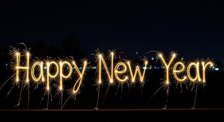Happy New Year light painting sparkler text at night dark background long exposure photography festive celebration greeting