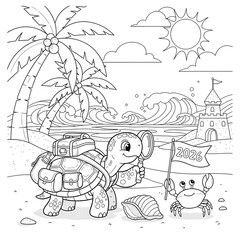 Turtle on beach with crab isolated on white background for 2026 vacation