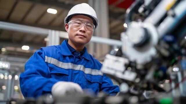 Worker inspecting robotic separator used in rare earth purification process, merging human expertise and automation
