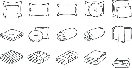 Outline vector icon set of various pillows and blankets for home decor and interior design projects