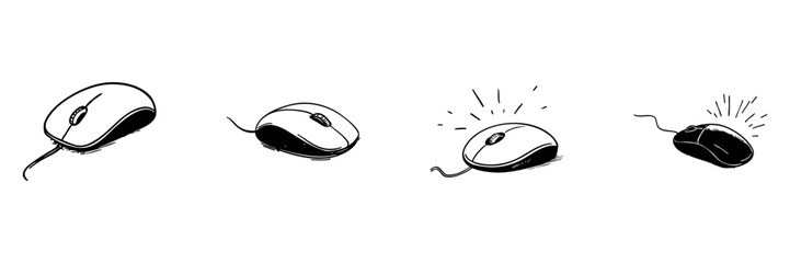 Computer Mouse Doodle Sketch Set. Technology And User Interaction In Hand Drawn Style Collection. Wired Mouse Illustrations With Emphasis On Click And Functionality. Isolated Vector Illustration