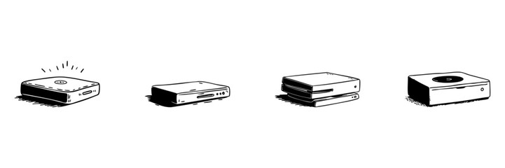 Set-Top Box And Media Player Doodle Sketch Set. Home Entertainment And Streaming Devices In Hand Drawn Style Collection. Technology And Connectivity. Hand Drawn Isolated Vector Illustration