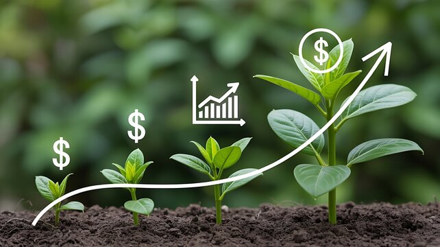 Growing money investment and financial growth concept with green plants
