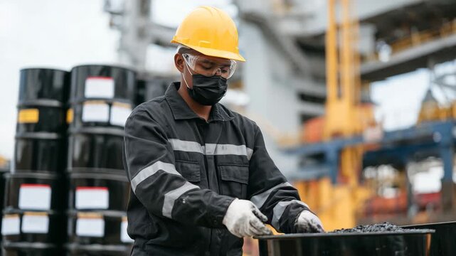 Worker pouring processed rare earth material into drums for export, industrial environment with stacks of labeled containers