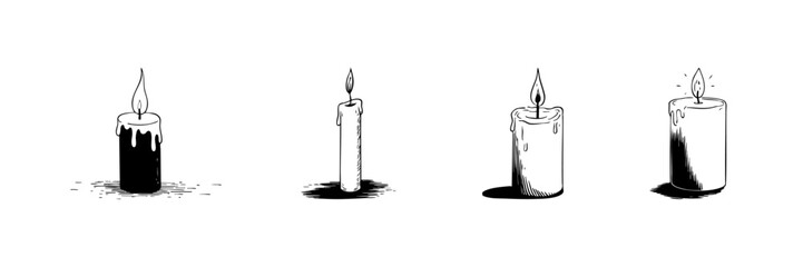 Candles With Flames Doodle Sketch Set. Symbolizing Light, Warmth, And Serenity In Hand Drawn Style Collection. Decorative And Spiritual Elements. Hand Drawn Isolated Vector Illustration