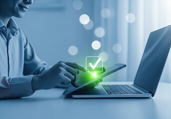 Person using tablet with checkmark icon on screen next to laptop concept of online survey approval successful completion digital voting quality assurance task finished verification confirmation