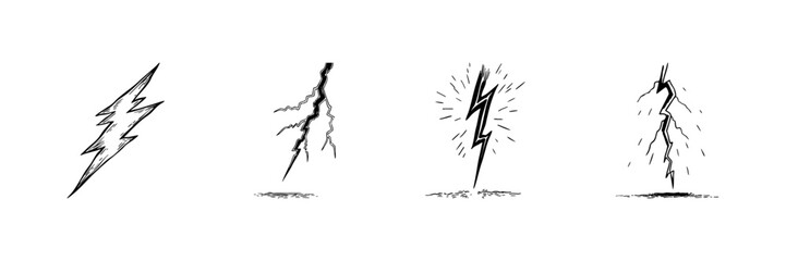 Lightning Bolt And Thunder Strike Doodle Sketch Set. Energy, Power, And Electricity Symbolism In Hand Drawn Style Collection. Weather Phenomenon And Dynamic Force. Isolated Vector Illustration