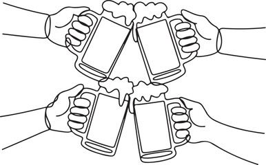 Continuous Line Art Illustration of Hands Clinking Beer Mugs Mid Toast Energetic Bar Celebration Minimal Style