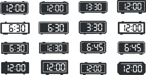 Set of minimalist black and white vector illustrations of digital alarm clocks displaying various times for design projects