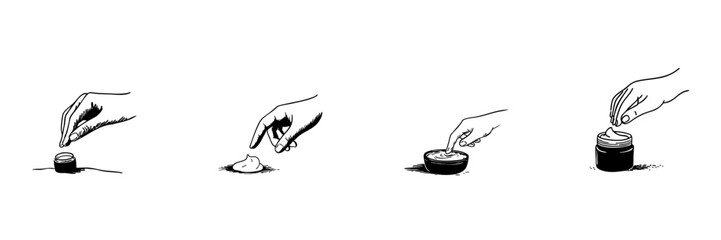 Hand Applying Cream Doodle Sketch Set. Skincare Routine And Moisturizing Techniques In Hand Drawn Style Collection. Beauty And Personal Care Illustration. Isolated Vector Illustration