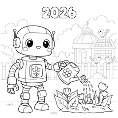 Robot watering flowers isolated on white background for the year 2026