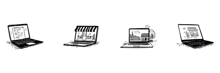Laptops With Online Storefronts Doodle Sketch Set. E-Commerce, Digital Retail, And Online Shopping Concepts In Hand Drawn Style Collection. Virtual Marketplace. Isolated Vector Illustration