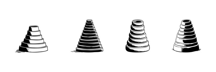 Stacked Cone Shapes Doodle Sketch Set. Geometric Formations And Design Elements In Hand Drawn Style Collection. Abstract Art And Creative Illustration. Isolated Vector Illustration