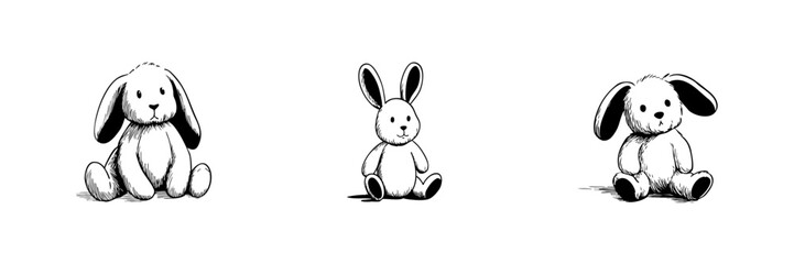 Fototapeta premium Stuffed Bunny Toys Doodle Sketch Set. Cute Plush Rabbit Illustrations In Hand Drawn Style Collection. Adorable Children Toy Design. Hand Drawn Isolated Vector Illustration