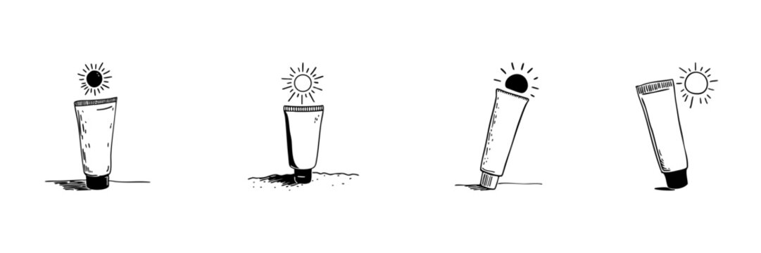 Sunscreen Tube With Sun Icon Doodle Sketch Set. Sun Protection And Skincare Awareness In Hand Drawn Style Collection. Uv Defense And Summer Care. Hand Drawn Isolated Vector Illustration