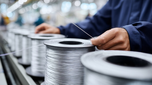 Worker hands guiding electrical wire cable onto industrial spools in manufacturing factory. Metal conductor coils in production facility. Engineering precision and quality control in modern plant.