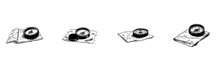 Compass And Map Doodle Sketch Set. Navigation And Exploration Tools In Hand Drawn Style Collection. Adventure And Travel Planning. Isolated Vector Illustration