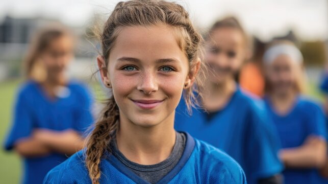 Young girl smiles confidently wearing a blue jersey. Teammates are blurred in the background during practice.