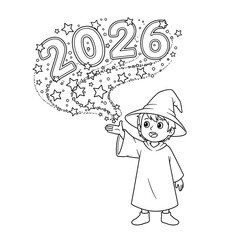 A wizard boy casting a spell for the year 2026 isolated on white background