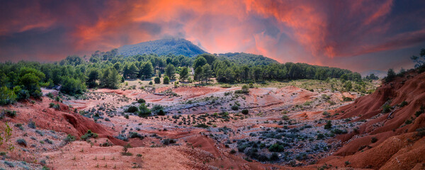 Panoramic view of the colorful landscapes of Castelnau-de-Guers, a medieval village located in the Hérault department, in Occitanie, France