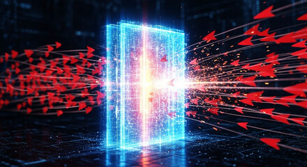 Red arrows attacking a glowing blue digital barrier with sparks abstract