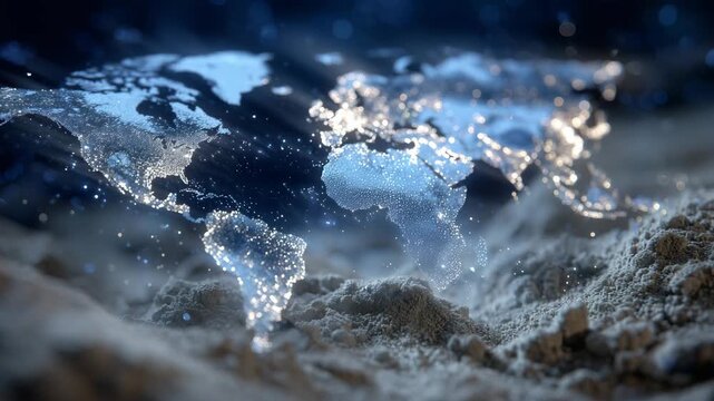 World map background with glowing trade routes overlaid on piles of rare earth mineral dust, symbolizing critical materials and international competition