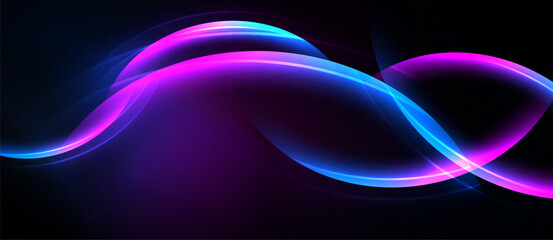 Abstract luminous waves, vibrant pinks, blues against dark background. Smooth curves create dynamic visual effect. Modern design.