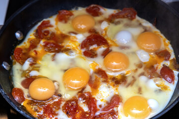 Morning eggs with tomatoes in pan