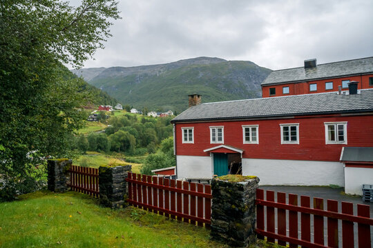 Beautiful gloomy mountain landscape with small village in Stalheim, Norway