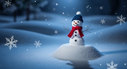 Fototapeta premium Cute snowman wearing blue hat and red scarf in snowy landscape with falling snowflakes winter christmas