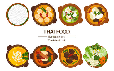 Khanom Jeen Curry with Coconut Milk.Top-view vector set of traditional Thai curries, noodles, herbs, and fresh vegetables. Perfect for menu design, packaging, posters, and Asian food illustrations.