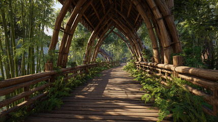 Fototapeta premium A charming wooden bridge in a verdant, natural setting, framed by lush foliage and trees. The bridge's intricate design and the surrounding greenery create a picturesque scene, inviting exploration