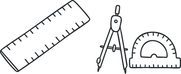 Minimalist black and white vector illustration of geometry tools including a ruler, compass, and protractor for educational and design purposes